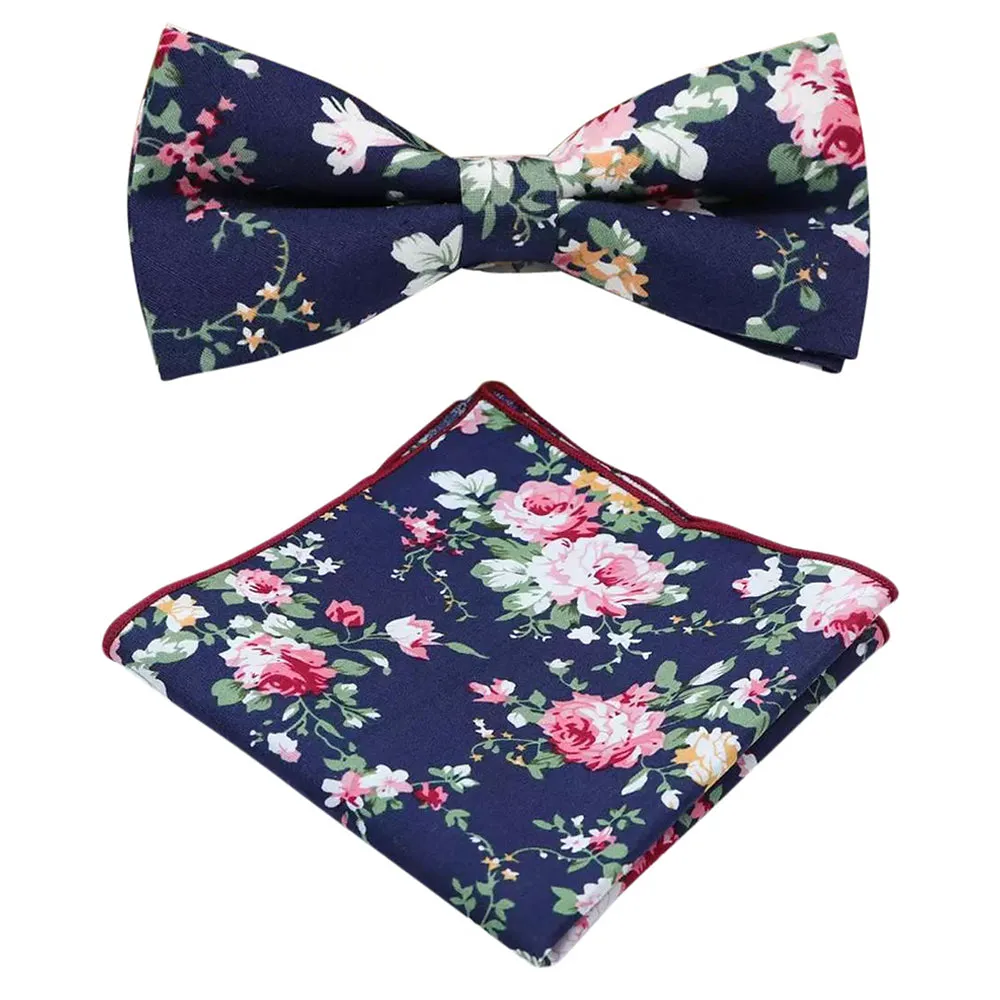 Millie Blue Floral Cotton Bow Tie, Pocket Square and Beige Braces Set