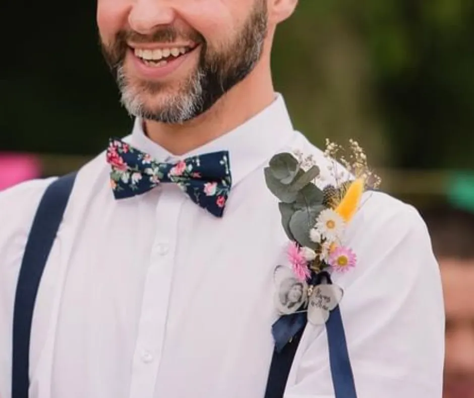 Millie Blue Floral Cotton Bow Tie, Pocket Square and Beige Braces Set