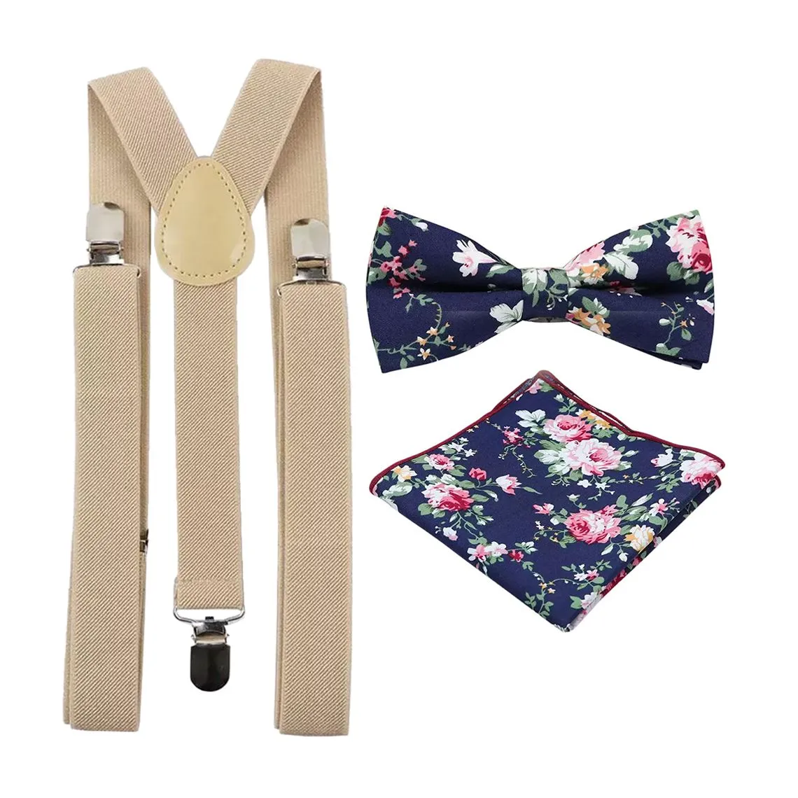 Millie Blue Floral Cotton Bow Tie, Pocket Square and Beige Braces Set