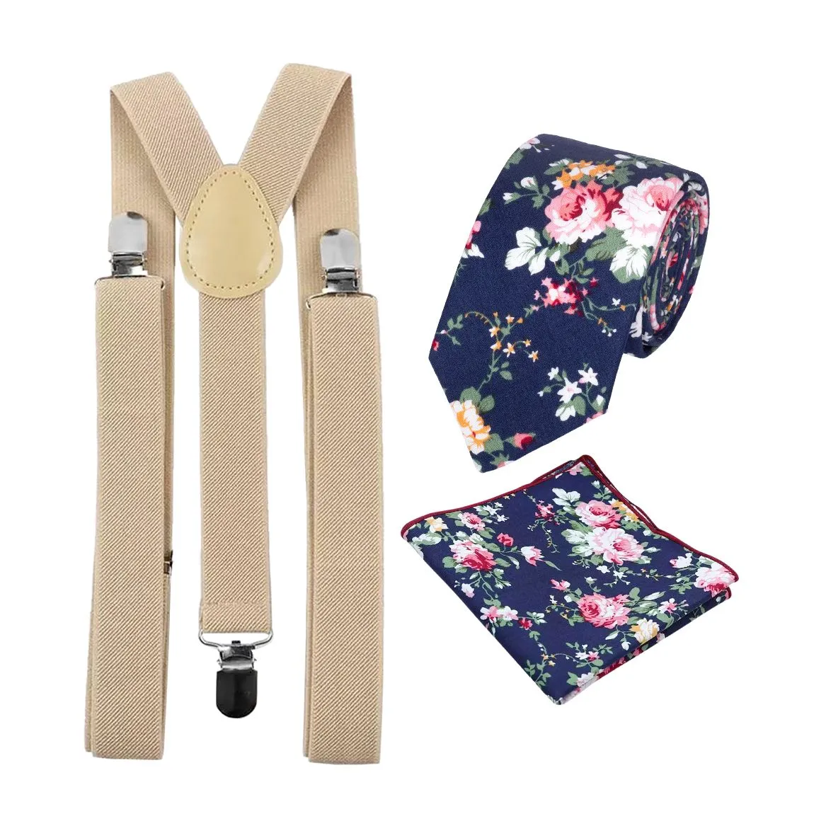 Millie Blue Floral Cotton Tie, Pocket Square and Beige Braces Set