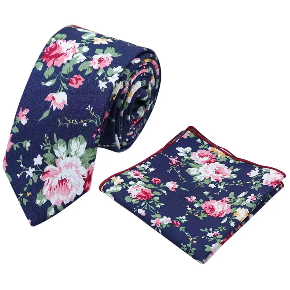 Millie Blue Floral Cotton Tie, Pocket Square and Beige Braces Set