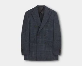 Navy Check Wool and Cashmere Blend Double Breasted Bertie Blazer