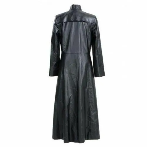 Neo Matrix Trench Coat Keanu Reeves Black Leather Trench Coat Gothic Jacket