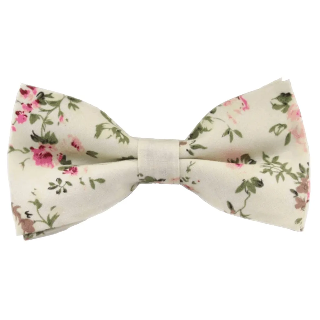 Olivia Cream Floral Cotton Bow Tie, Pocket Square and Eucalyptus Braces Set