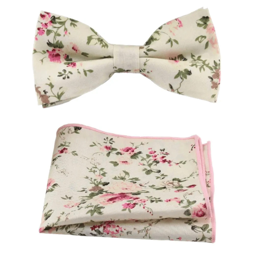 Olivia Cream Floral Cotton Bow Tie, Pocket Square and Eucalyptus Braces Set