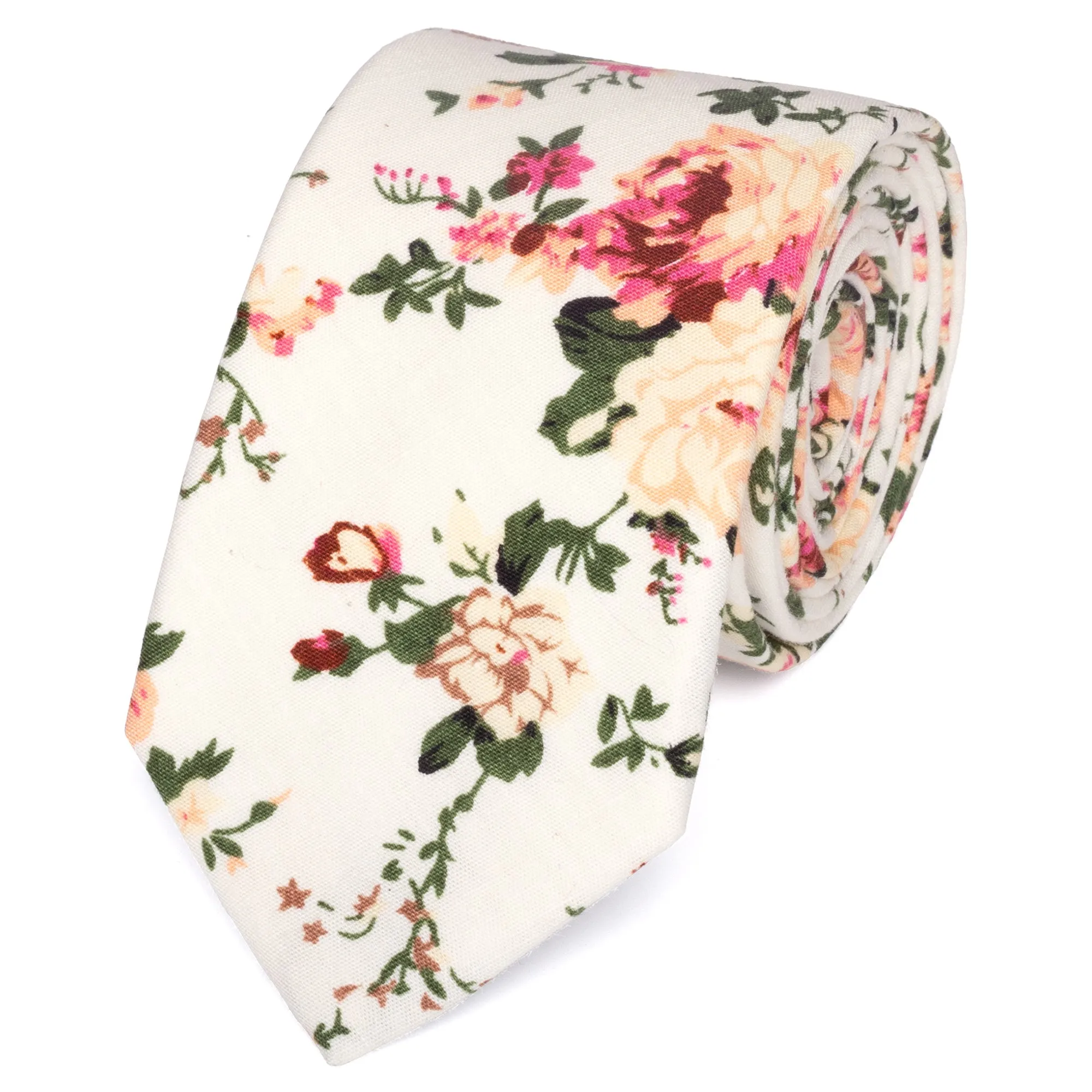 Olivia Cream Floral Cotton Tie, Pocket Square and Eucalyptus Braces Set