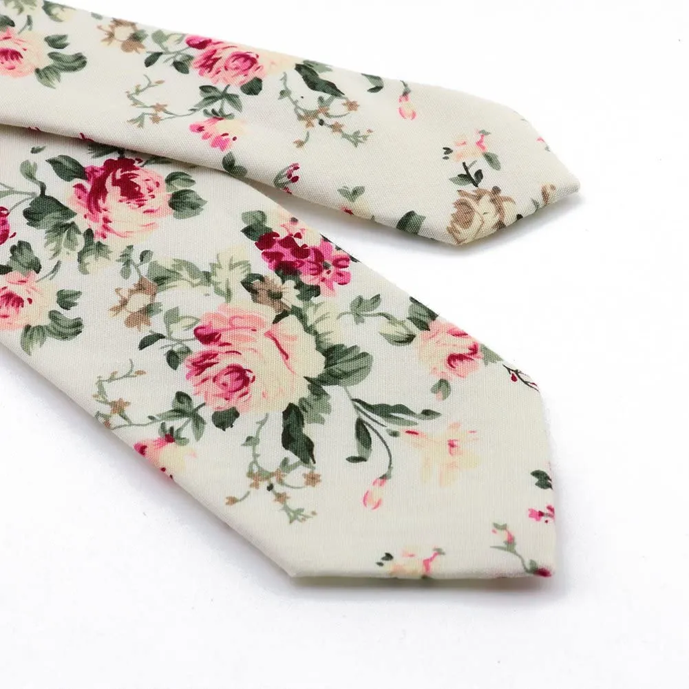 Olivia Cream Floral Cotton Tie, Pocket Square and Eucalyptus Braces Set