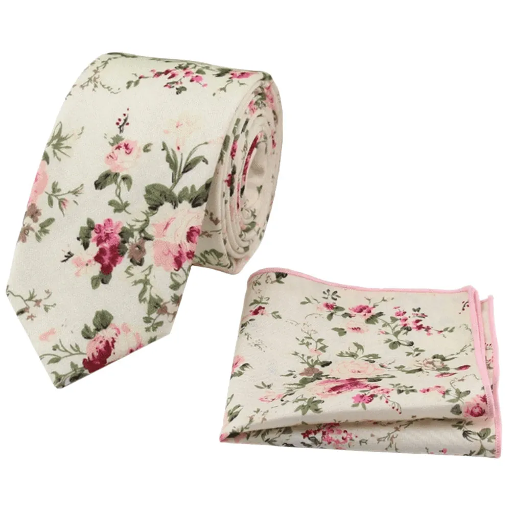 Olivia Cream Floral Cotton Tie, Pocket Square and Eucalyptus Braces Set