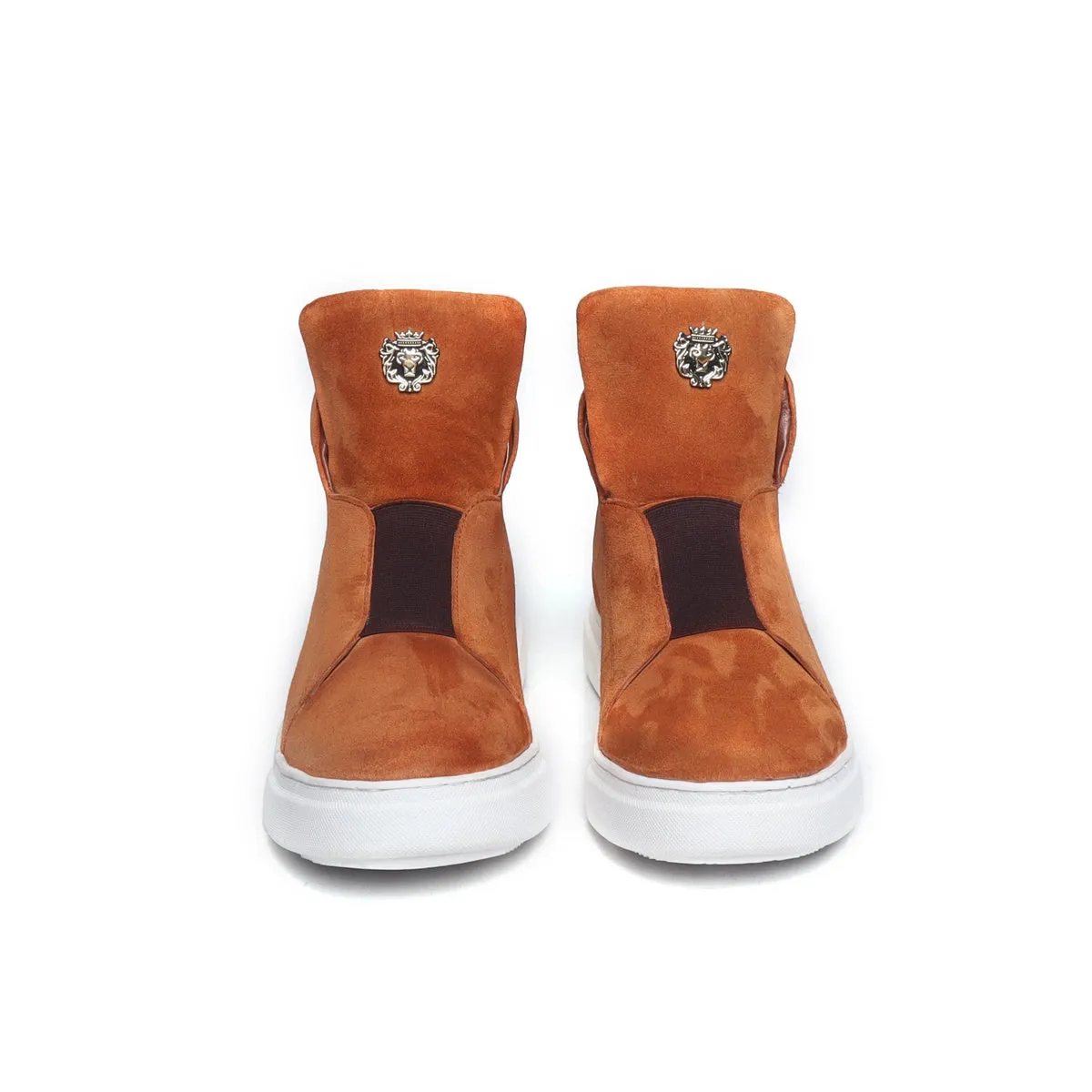 Orange Suede Leather Mid-Top Sneakers with Stretchable Strap by Brune & Bareskin