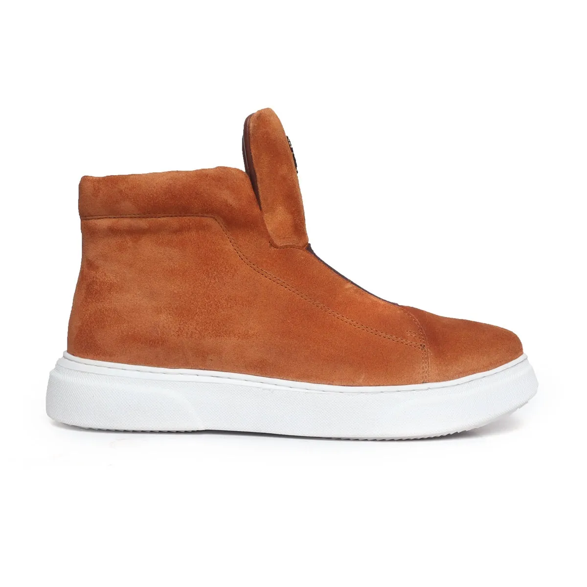 Orange Suede Leather Mid-Top Sneakers with Stretchable Strap by Brune & Bareskin