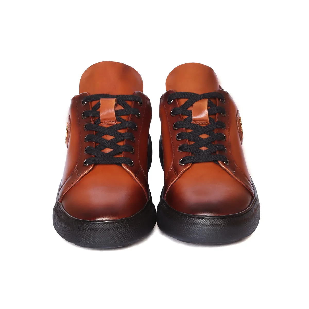 Orangish Tan Leather Lace-up Sneakers with Metal Lion logo on Quarter