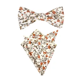 Otto Dusty Orange, Cream & Moss Greens Floral Print Bow Tie and Pocket Square Set