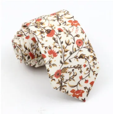 Otto Dusty Orange, Cream & Moss Greens Floral Print Cotton Tie, Pocket Square and Burnt Orange Braces Set