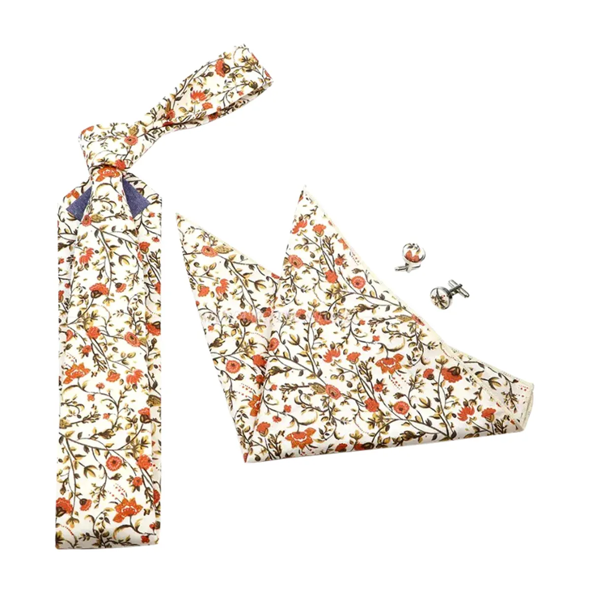 Otto Dusty Orange, Cream & Moss Greens Floral Print Tie, Pocket Square and Matching Cufflink Set