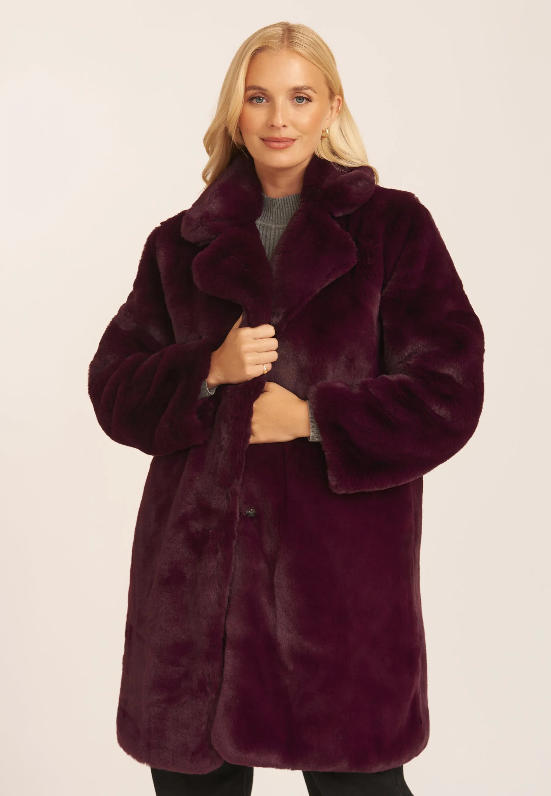 Plum Faux Fur Lapel Collar Longline Coat