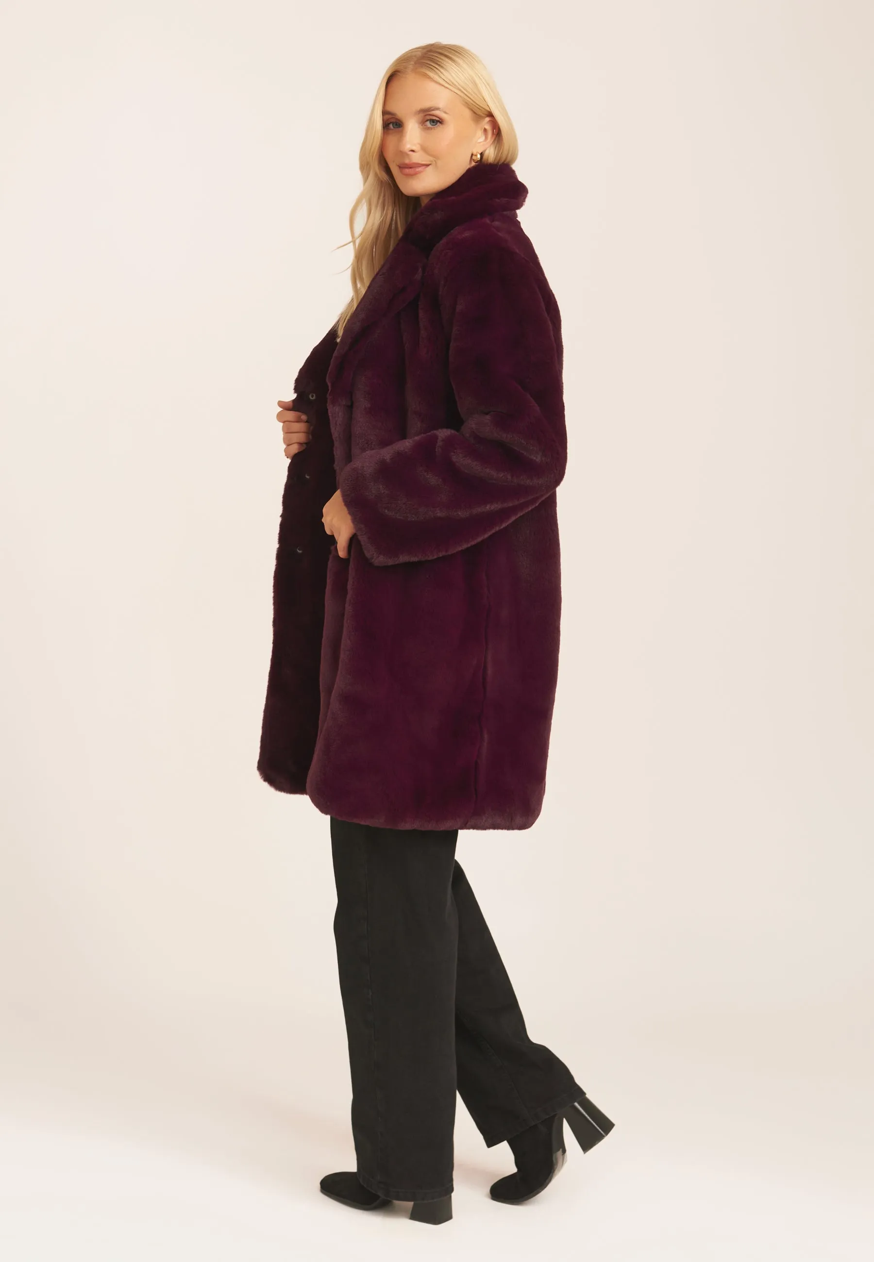 Plum Faux Fur Lapel Collar Longline Coat