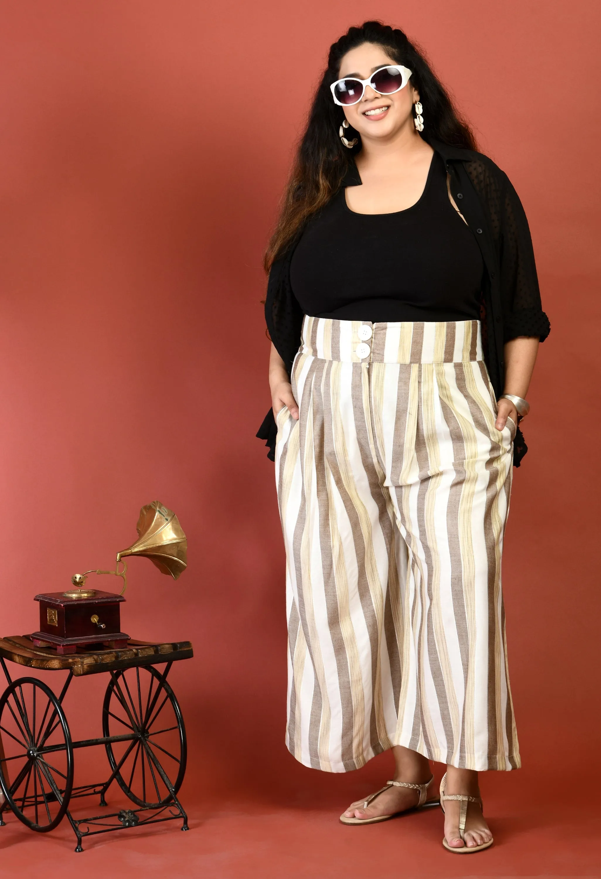 Plus Size Plus Size Striped White & Brown Culottes