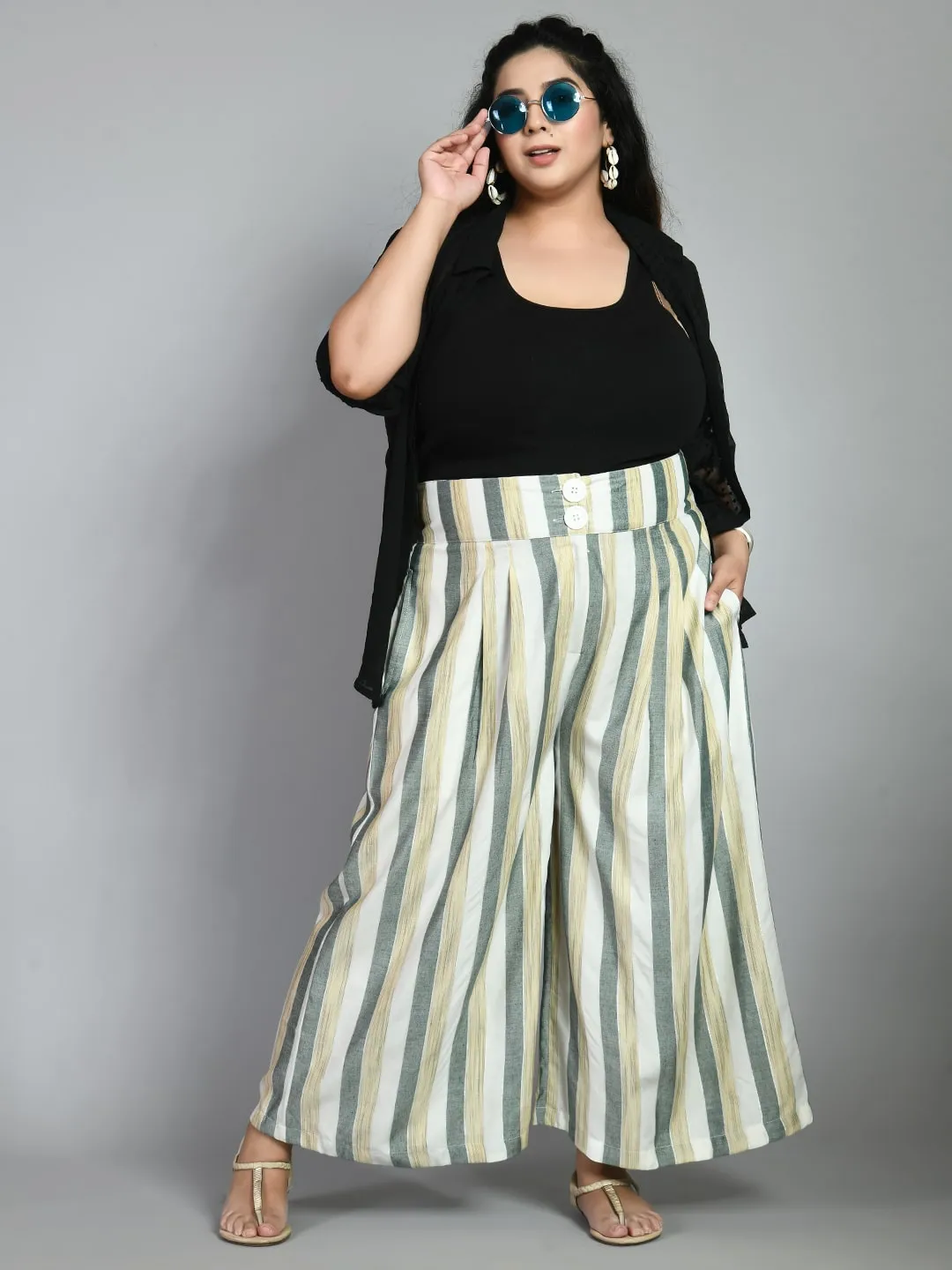 Plus Size Plus Size Striped White & Green Culottes