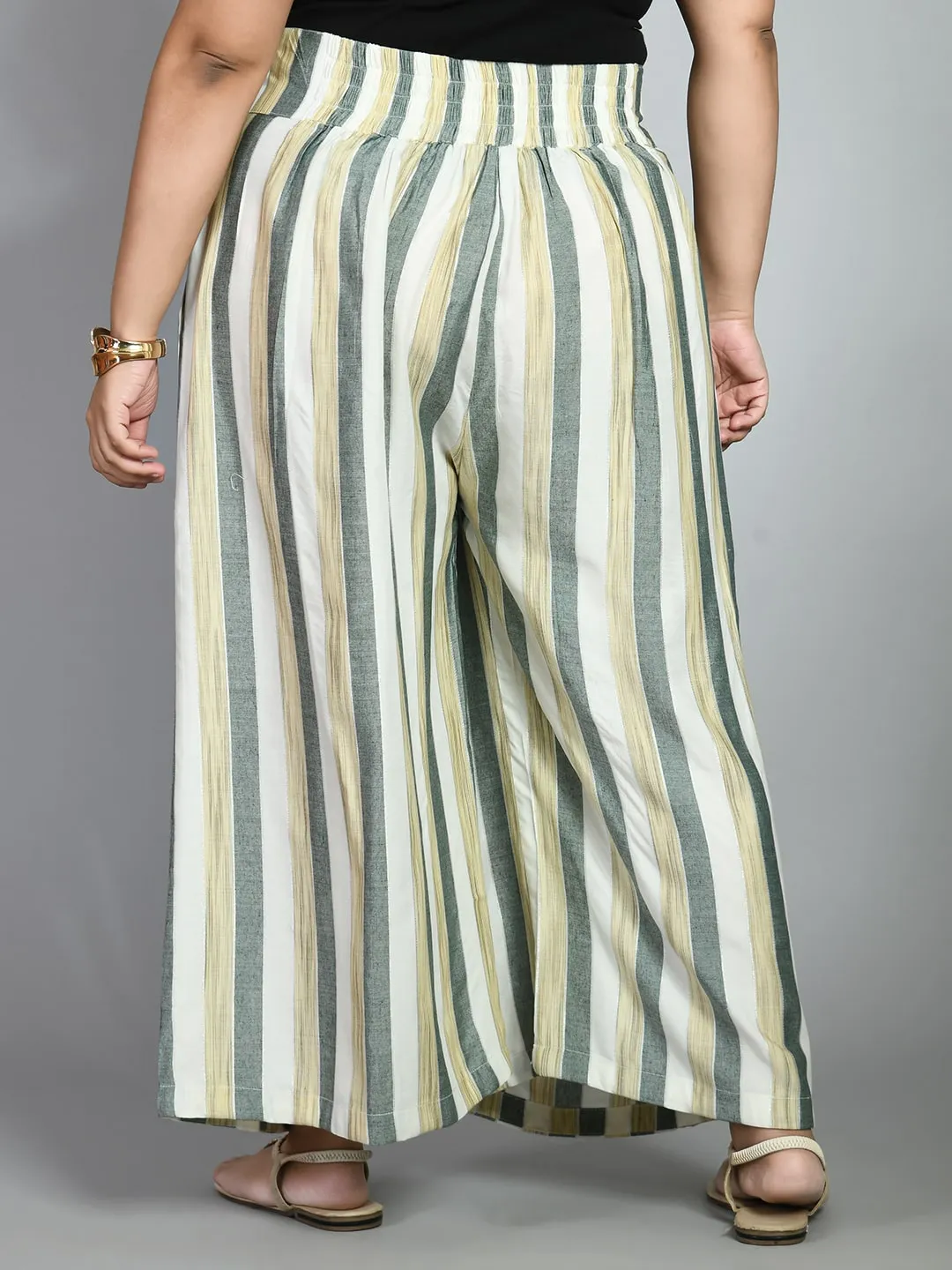 Plus Size Plus Size Striped White & Green Culottes