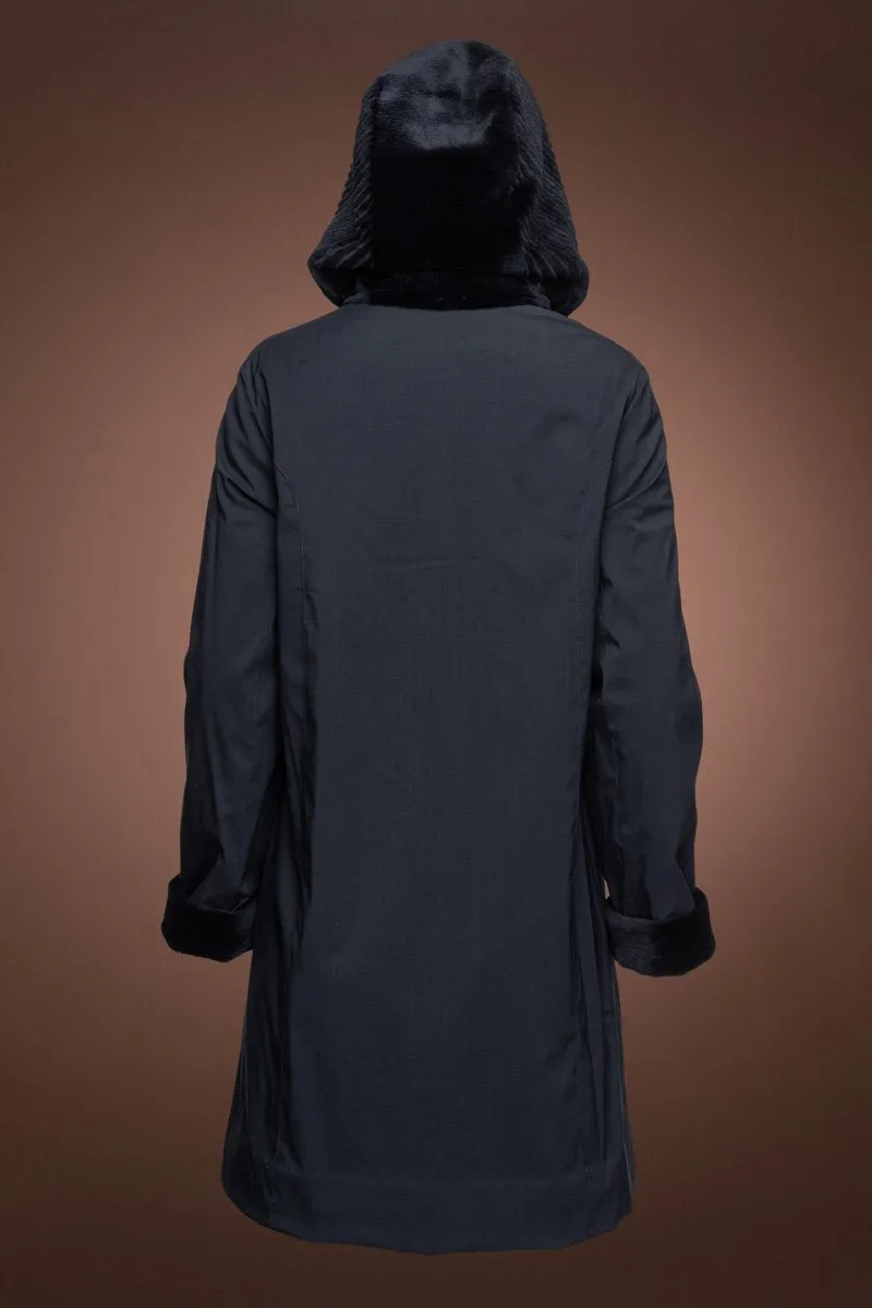 Reversible Hooded Grooved Navy Blue Sheared Mid-Length Mink Fur Coat