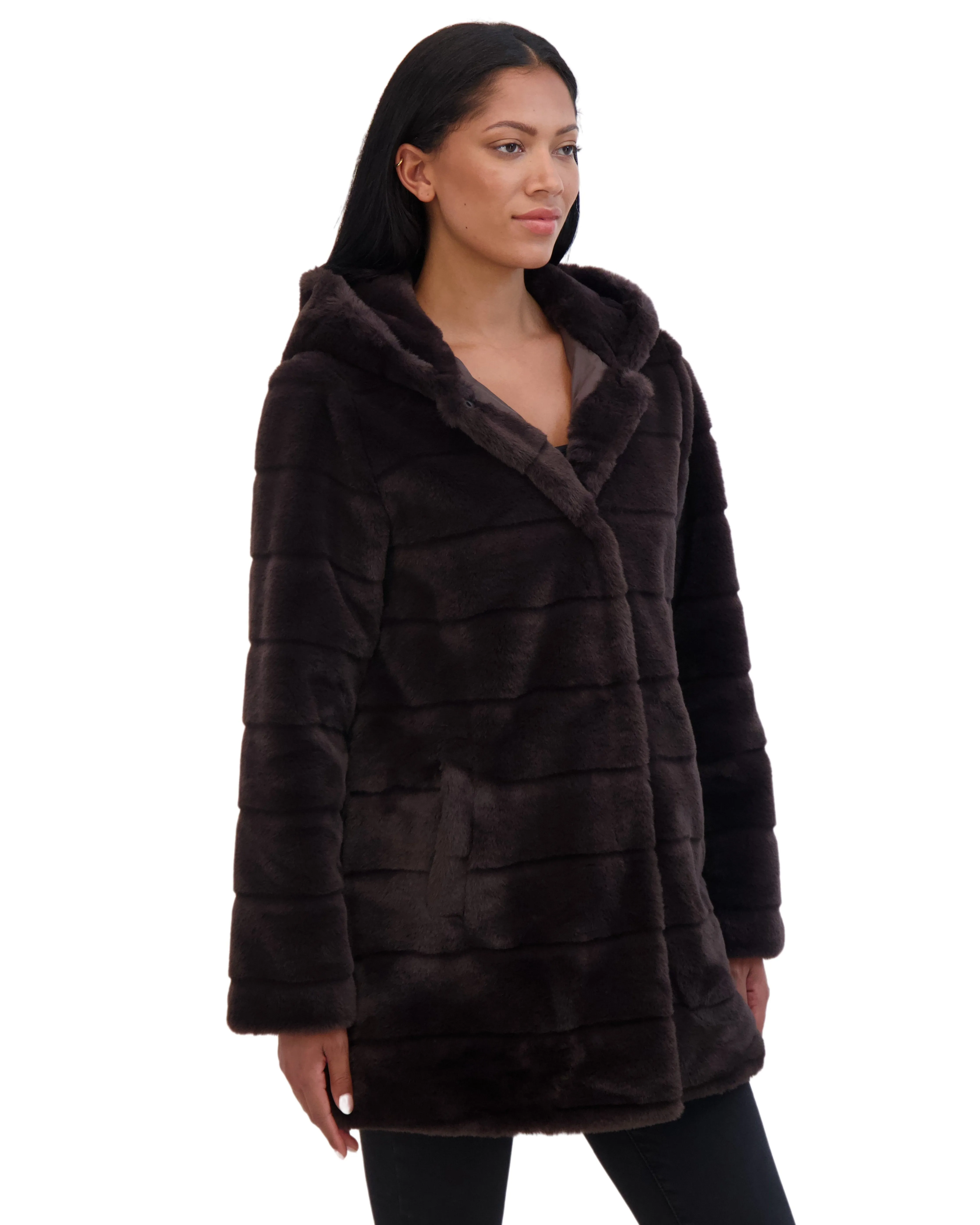 Sebby Collection Women's Hooded Grooved Faux Fur Coat