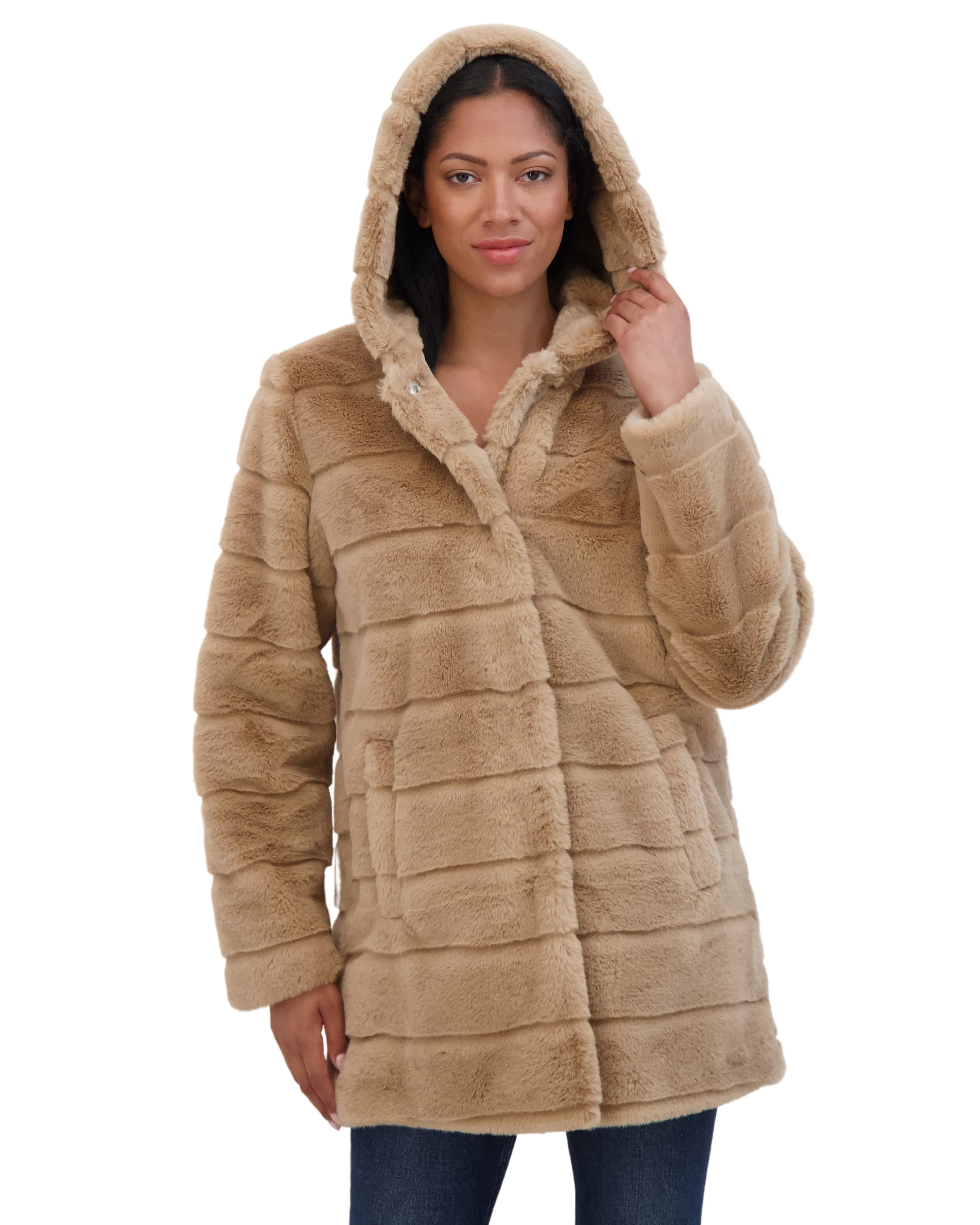 Sebby Collection Women's Hooded Grooved Faux Fur Coat