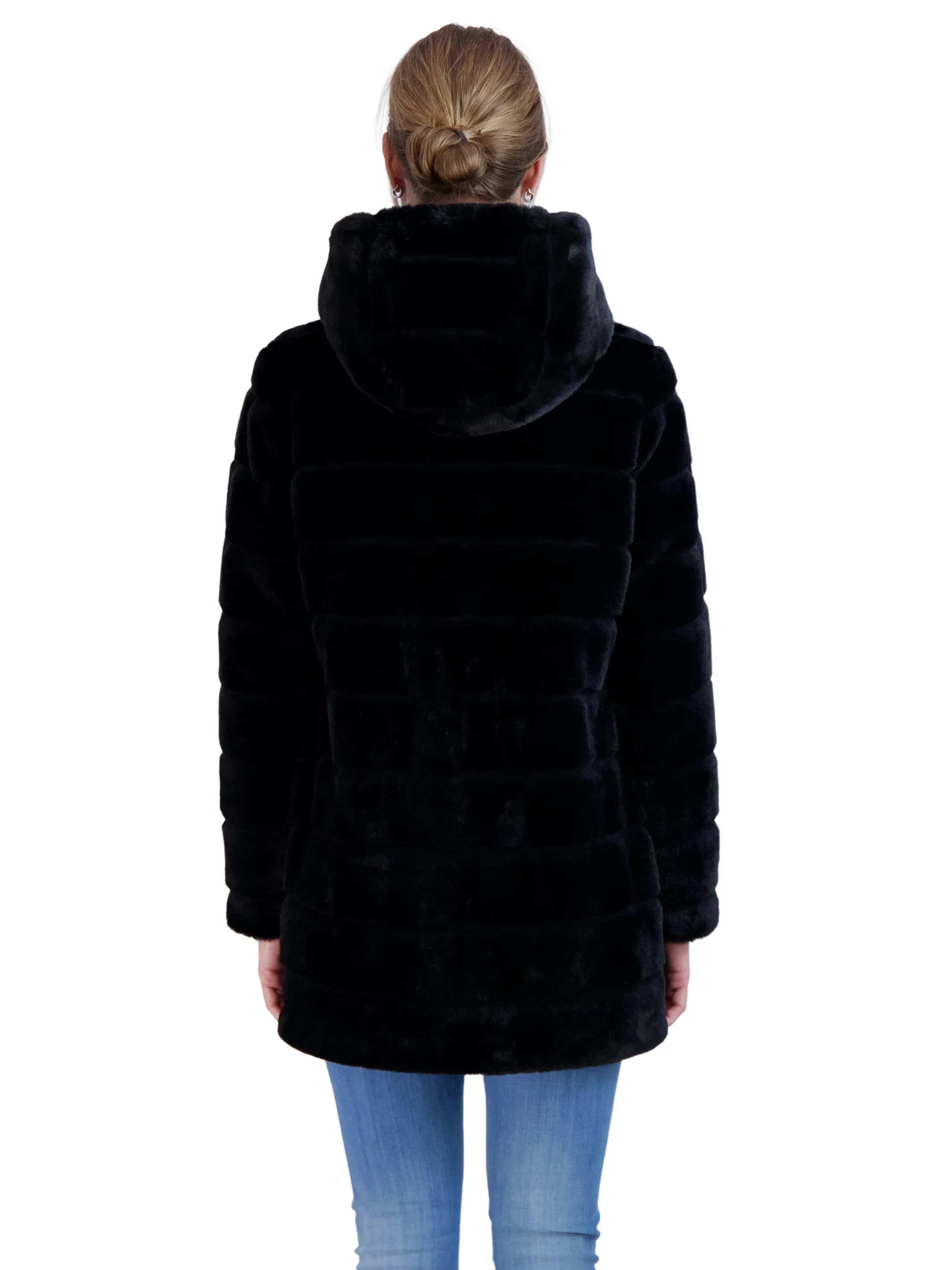 Sebby Collection Women's Hooded Grooved Faux Fur Coat