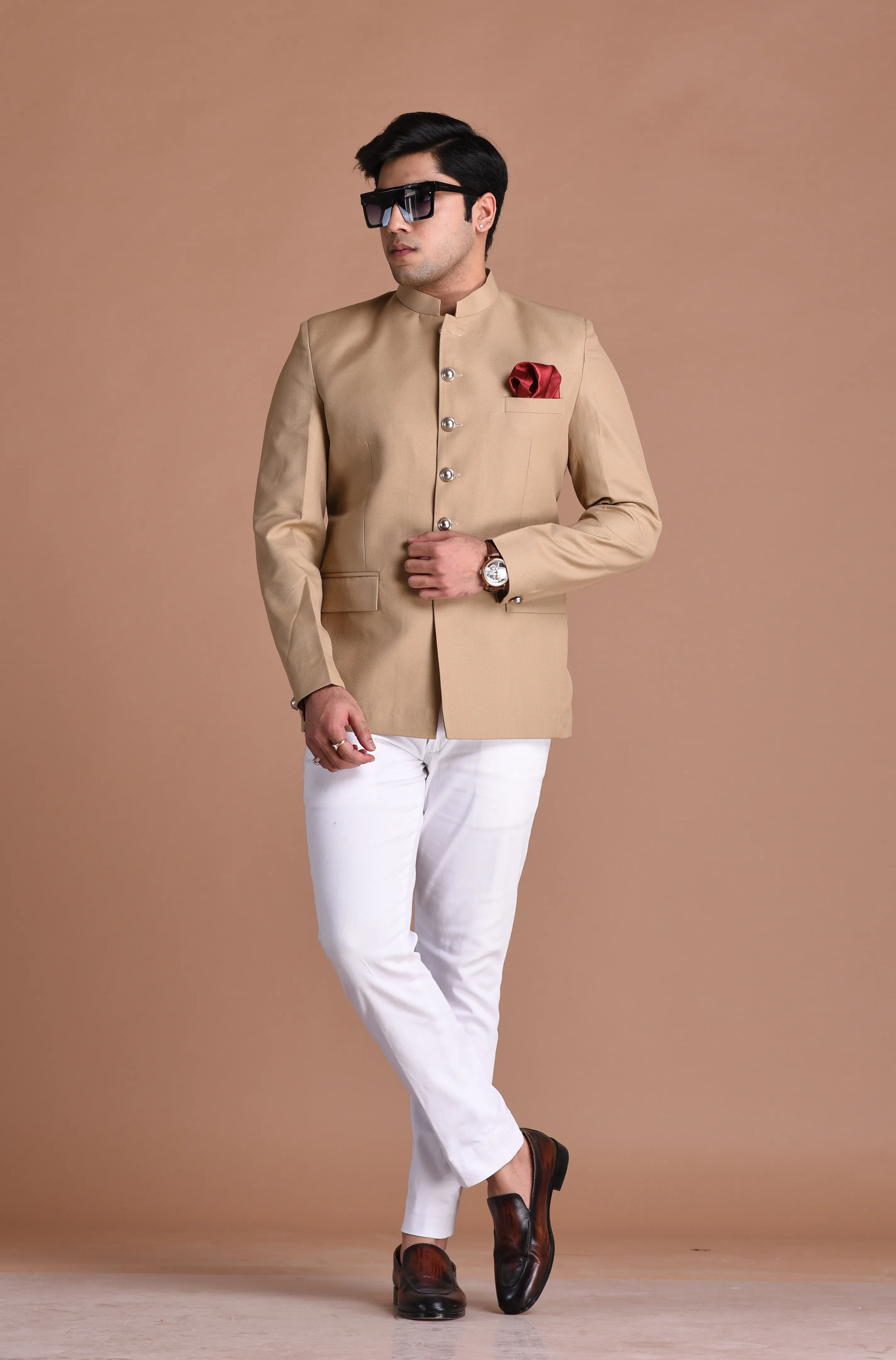 Tan Brown Bandhgala Jodhpuri Blazer With White Trouser