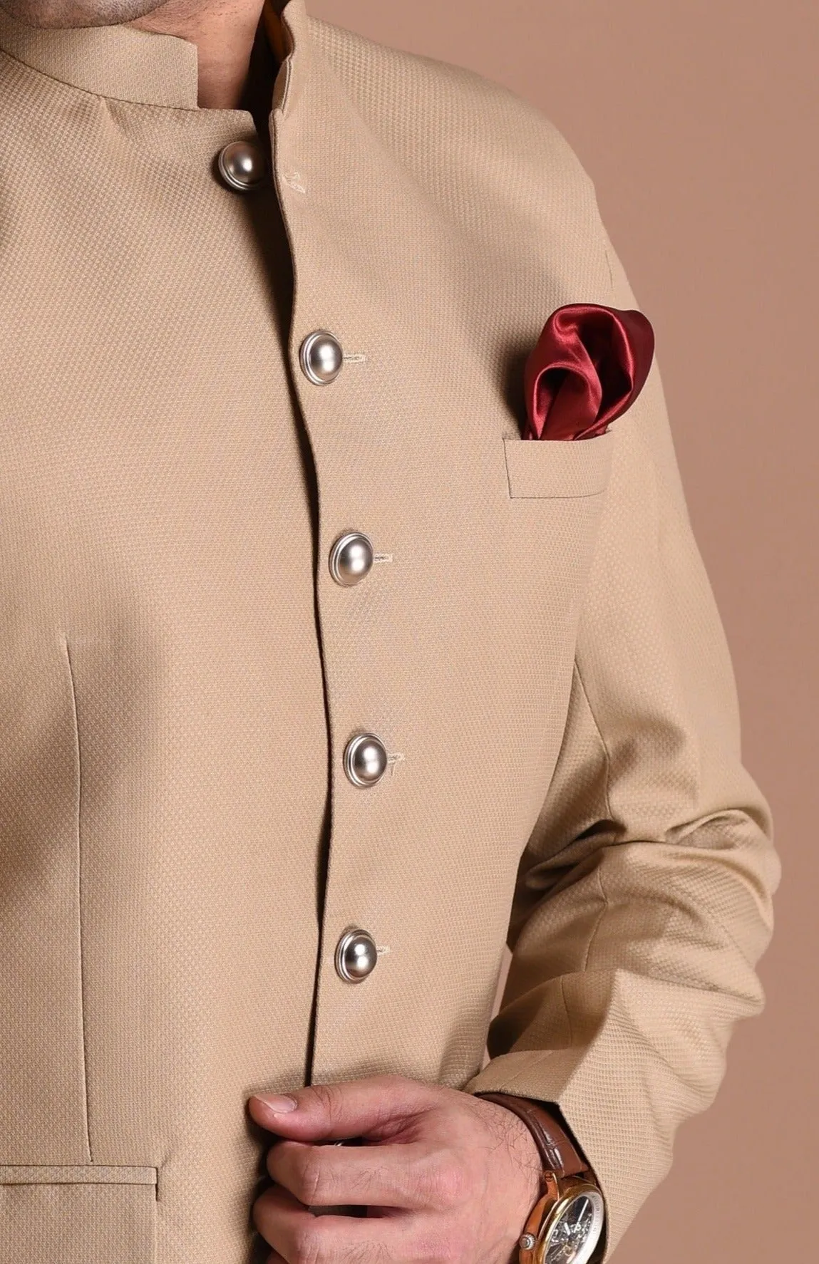 Tan Brown Bandhgala Jodhpuri Blazer With White Trouser