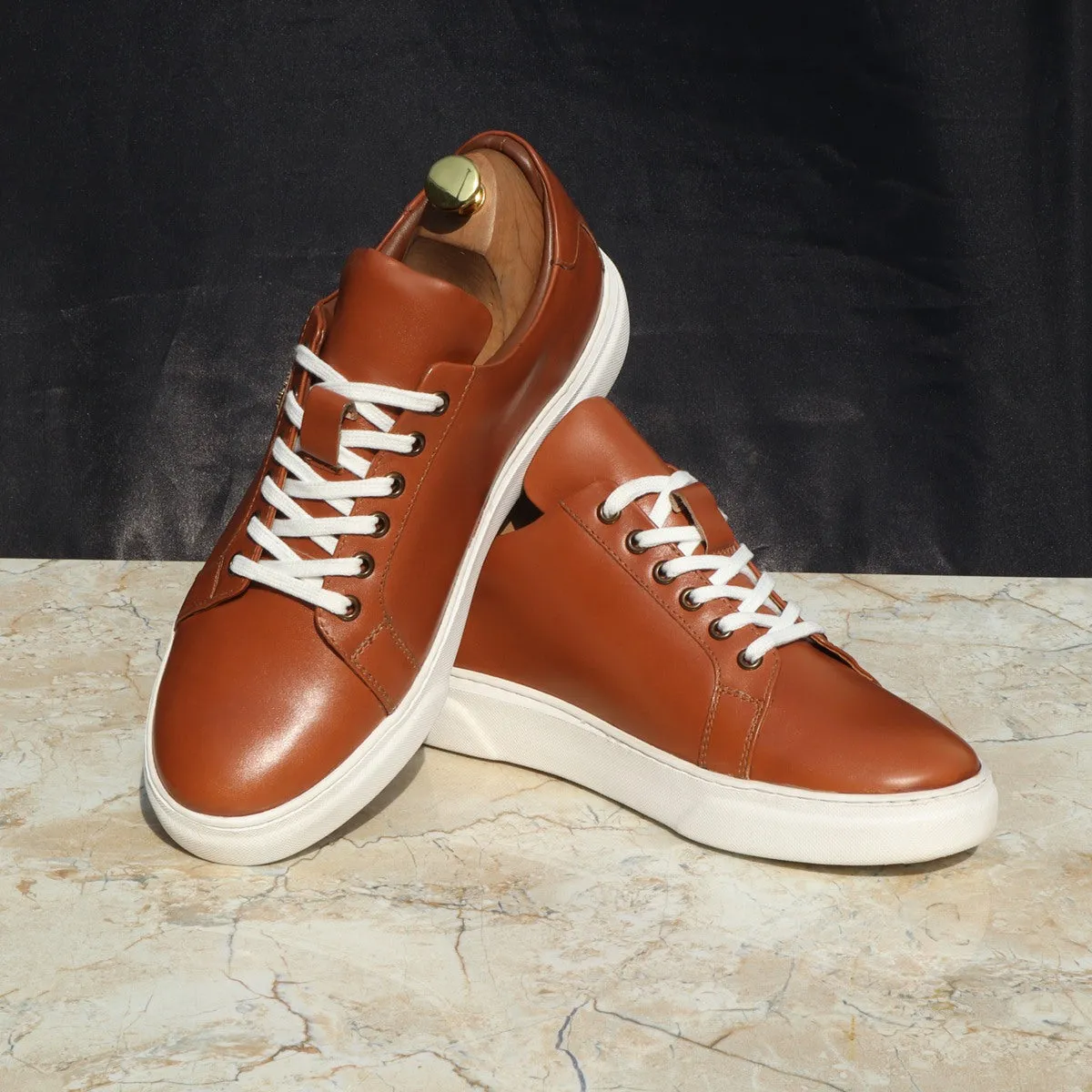 Tan Leather Low Top Sneaker with White Sole