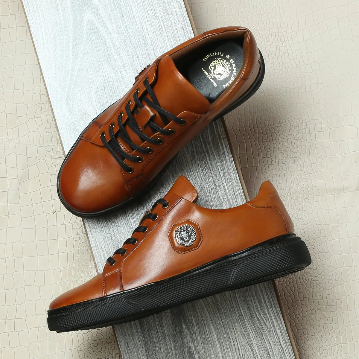 Tan Leather Low-Top Sneakers with Metal Lion logo on Quarter