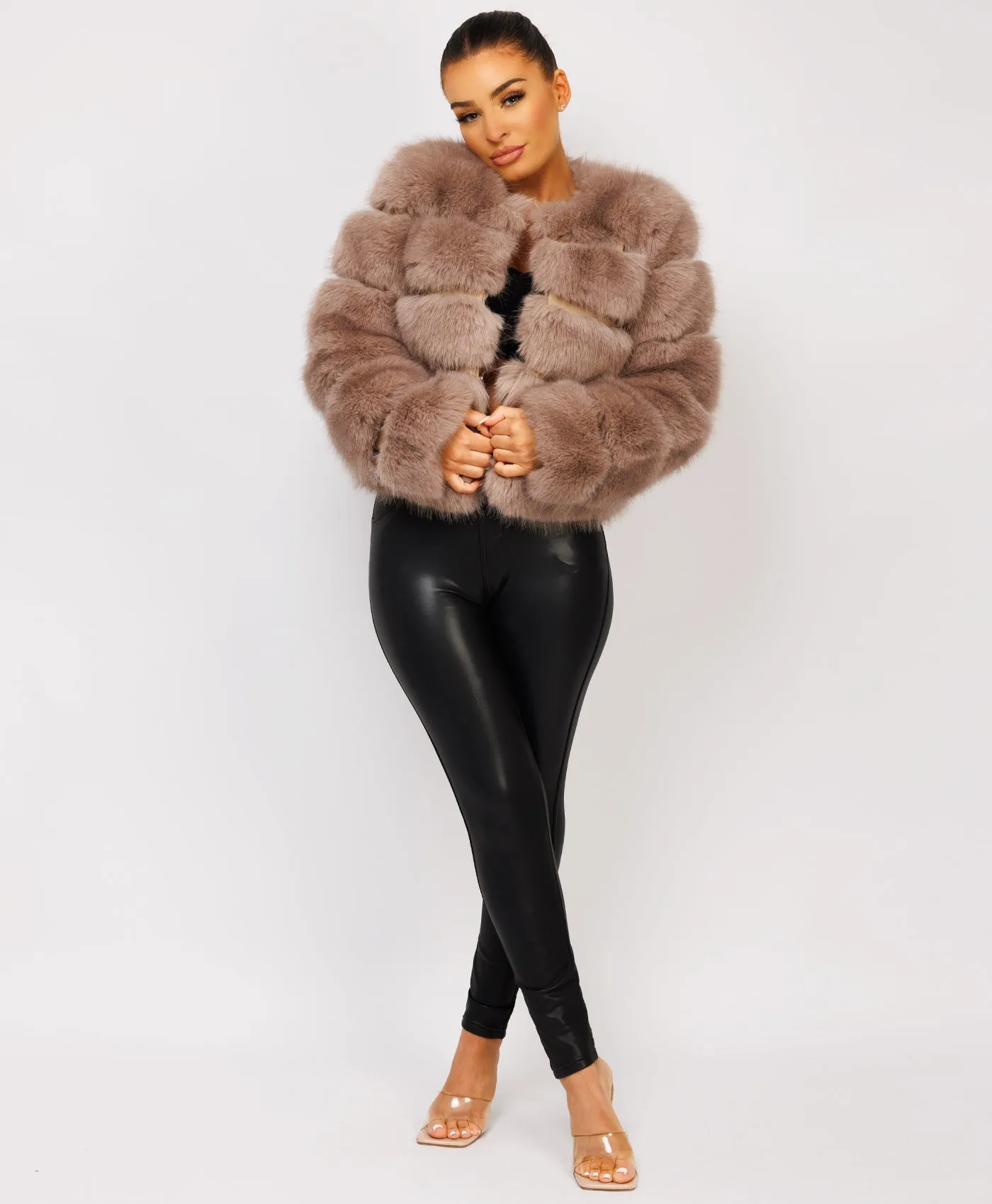 Taupe Faux Fur Tiered Panel Premium Coat Jacket