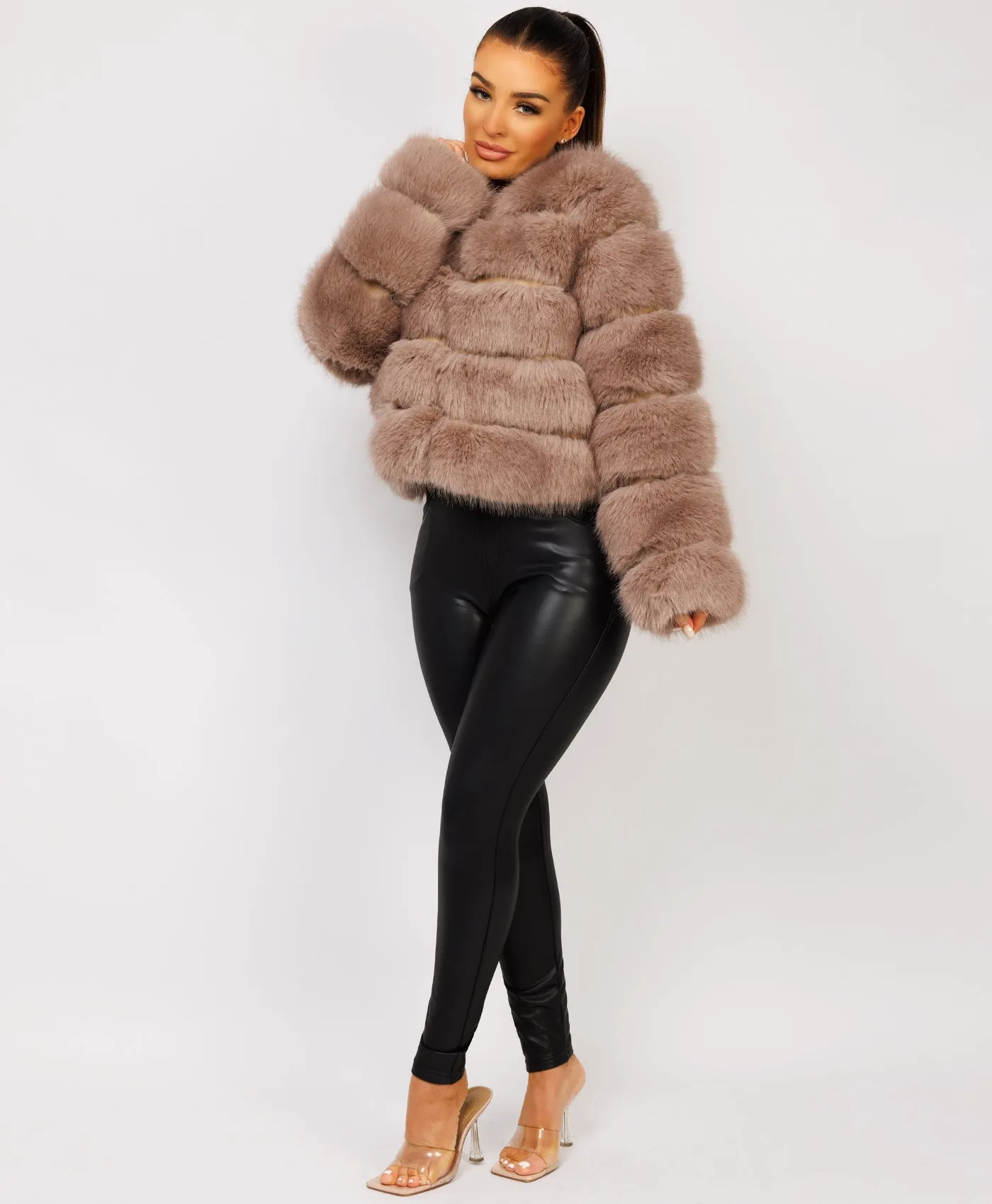 Taupe Faux Fur Tiered Panel Premium Coat Jacket