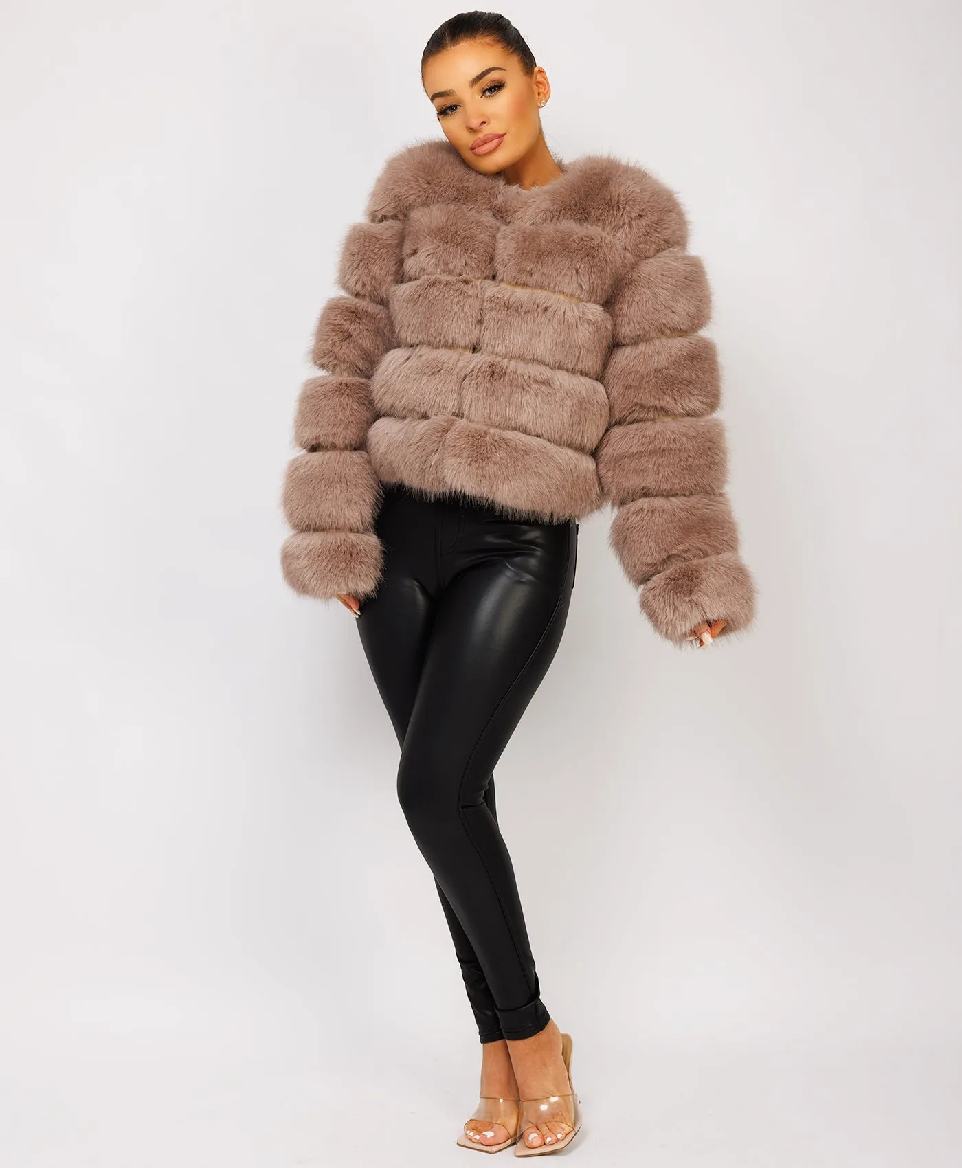 Taupe Faux Fur Tiered Panel Premium Coat Jacket