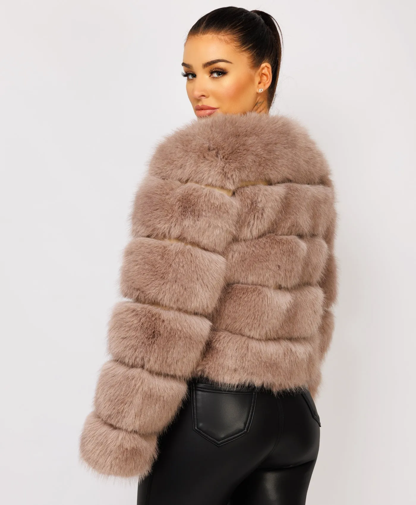 Taupe Faux Fur Tiered Panel Premium Coat Jacket