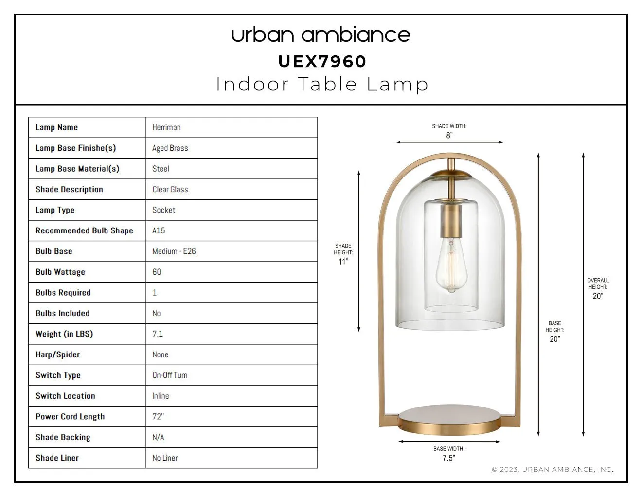 UEX7960 Mid-Century Modern Table Lamp 10''W x 8''D x 20''H, Aged Brass Finish, Herriman Collection