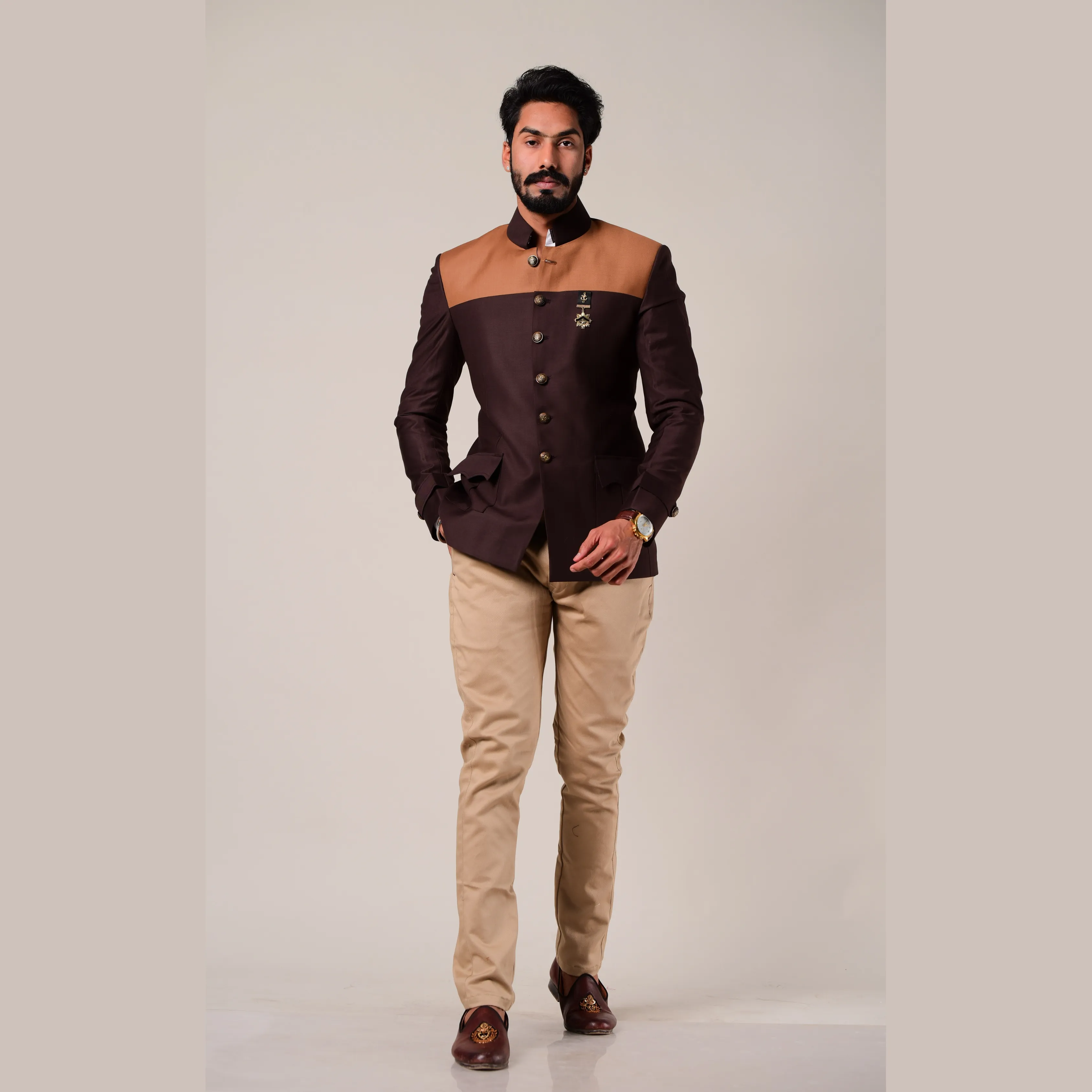 Umber Brown Dual Color Bandhgala Blazer With Trouser