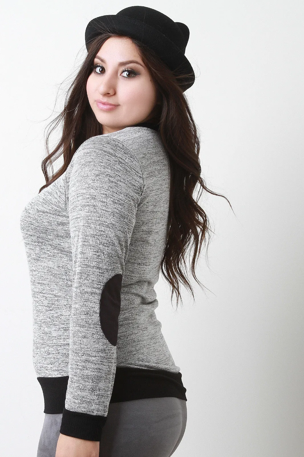 Vegan Suede Elbow Patch Marled Sweater