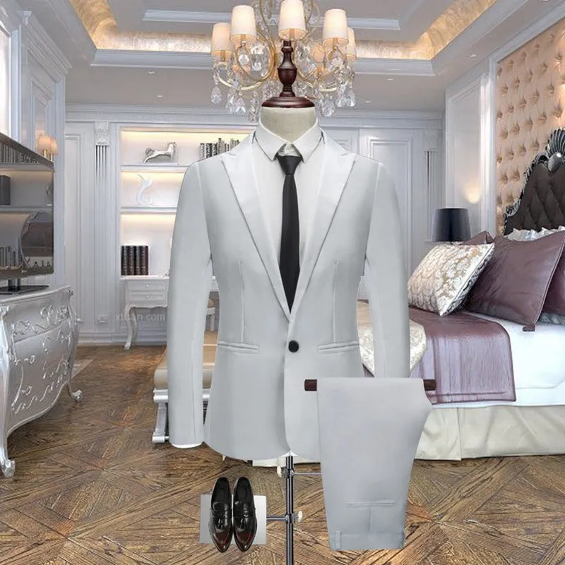 Wedding slim suit  White Men T Shirt Men's Slim Button Suit Pure Color Dress Blazer Host Show Jacket Coat & Pant 5