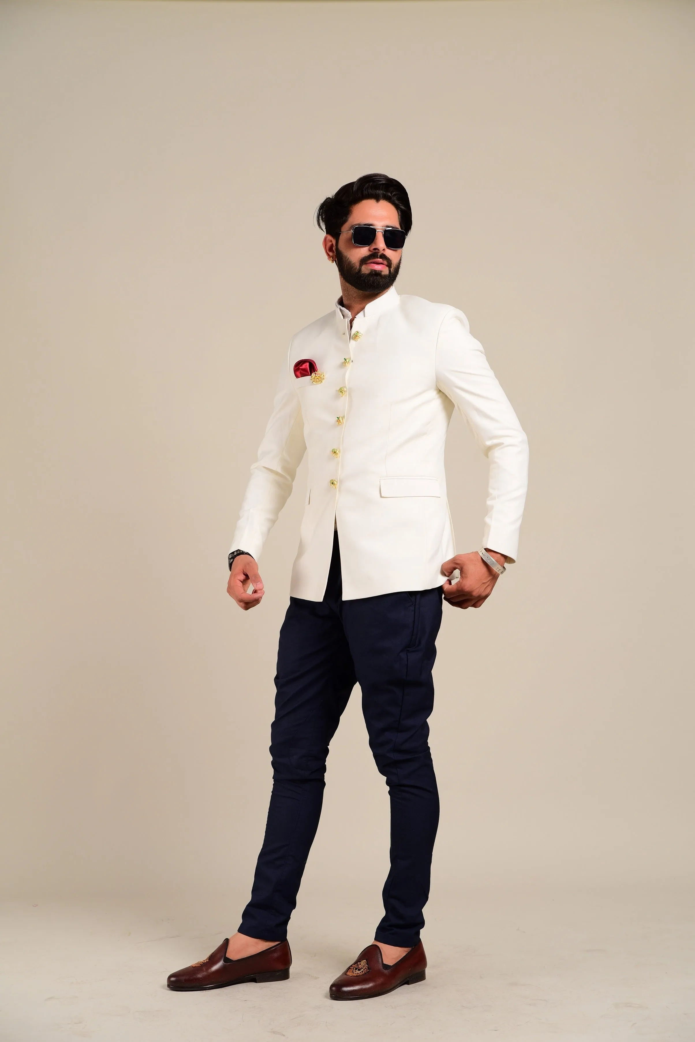 White Elephant Button Bandhgala Blazer with Navy Blue Trouser