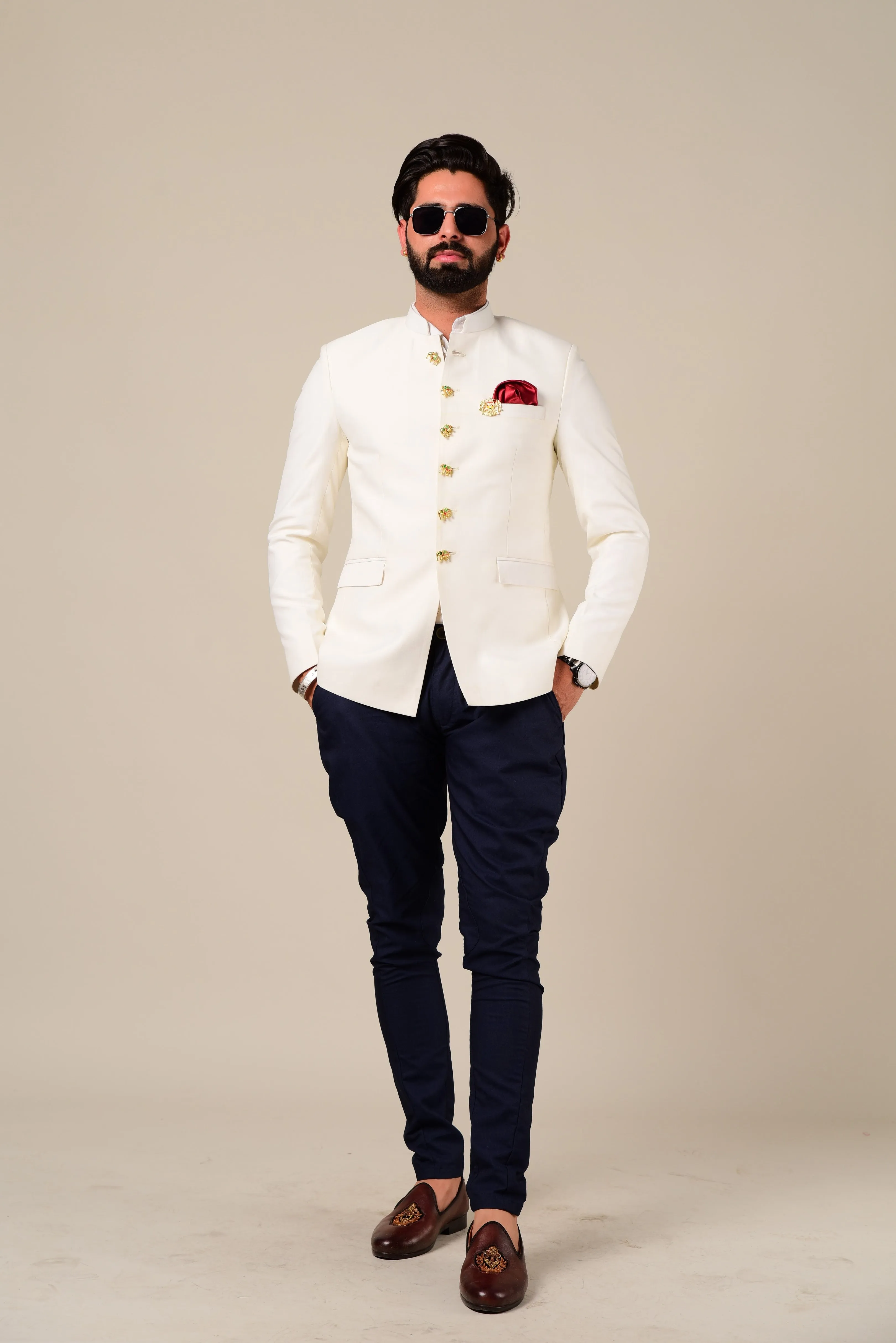 White Elephant Button Bandhgala Blazer with Navy Blue Trouser