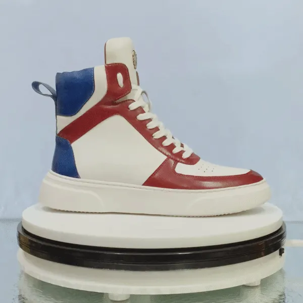 White High Ankle Sneakers with Contrasting Red & Blue Leather Detailing by Brune & Bareskin