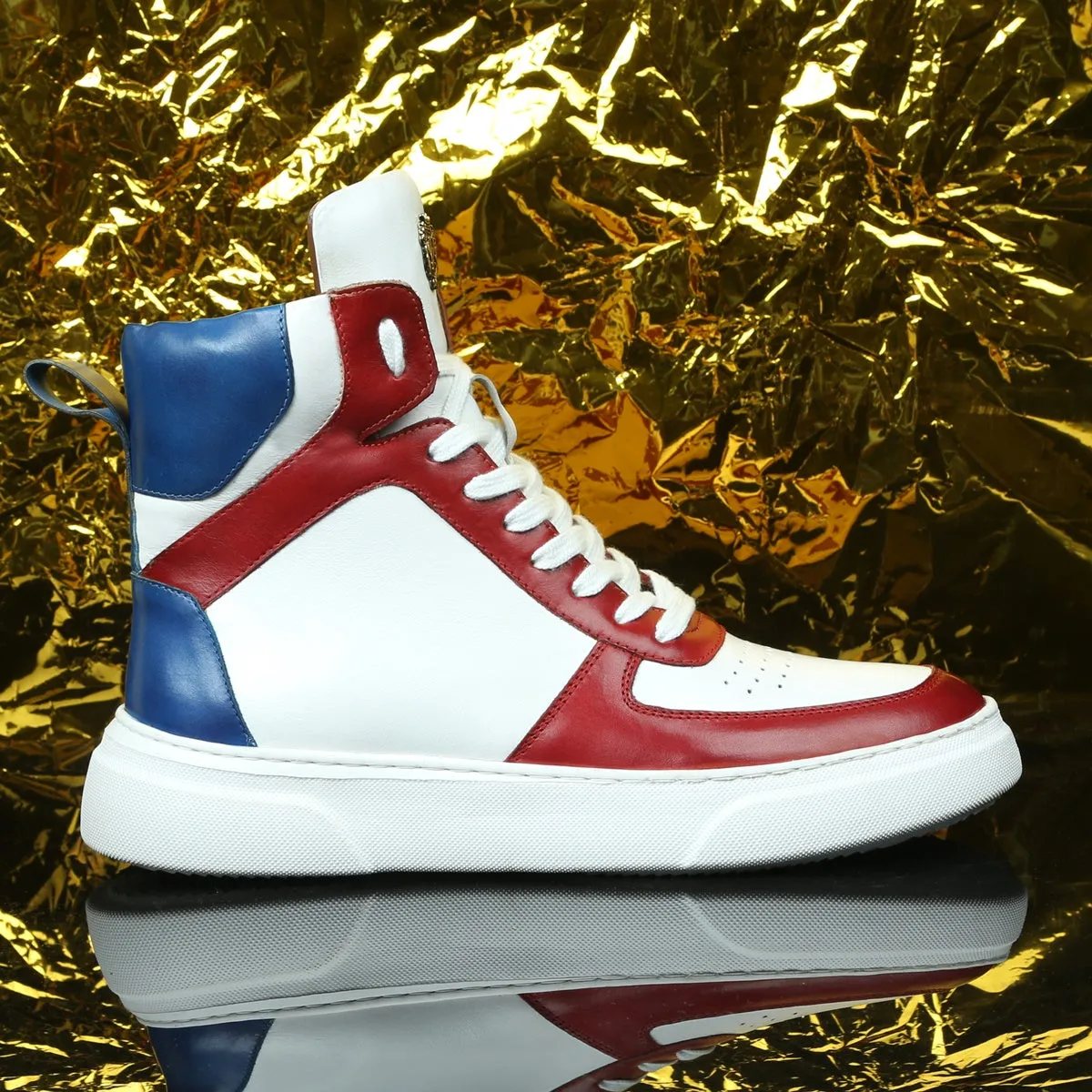 White High Ankle Sneakers with Contrasting Red & Blue Leather Detailing by Brune & Bareskin