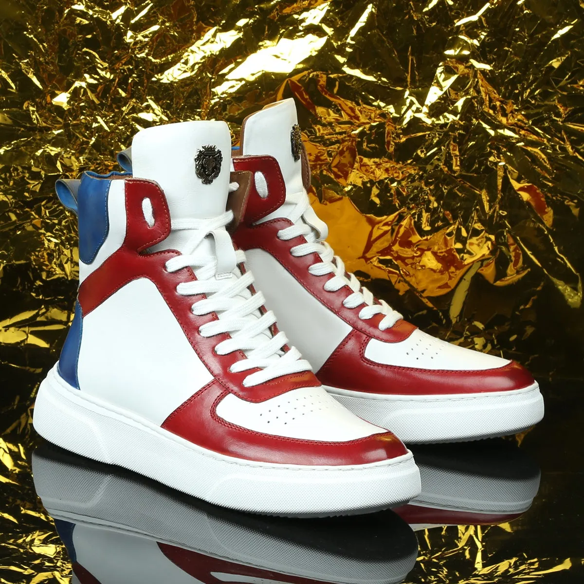 White High Ankle Sneakers with Contrasting Red & Blue Leather Detailing by Brune & Bareskin