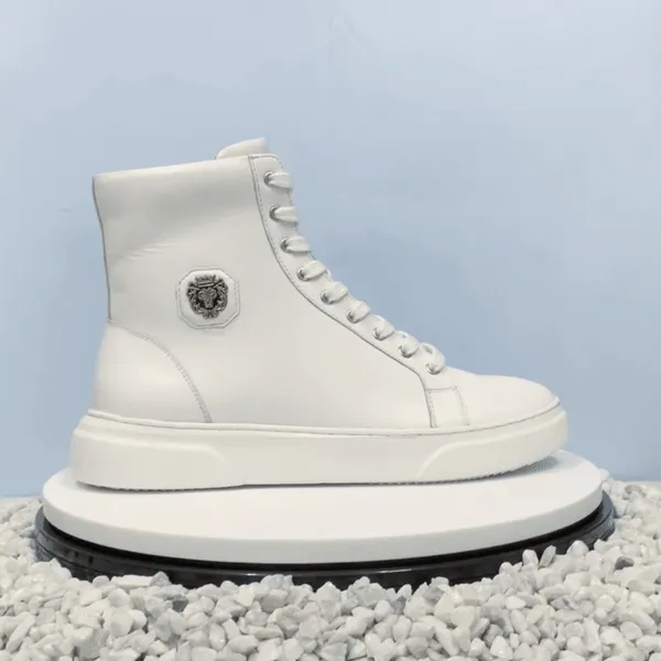 White High Ankle Sneakers With Metal Lion Logo E.V.A Sole by Brune & Bareskin