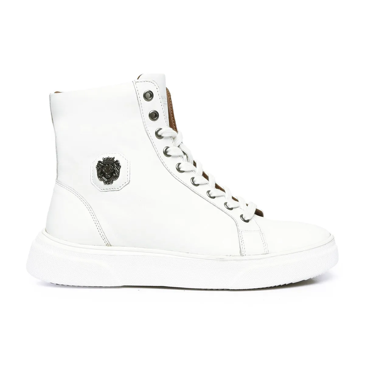 White High Ankle Sneakers With Metal Lion Logo E.V.A Sole by Brune & Bareskin