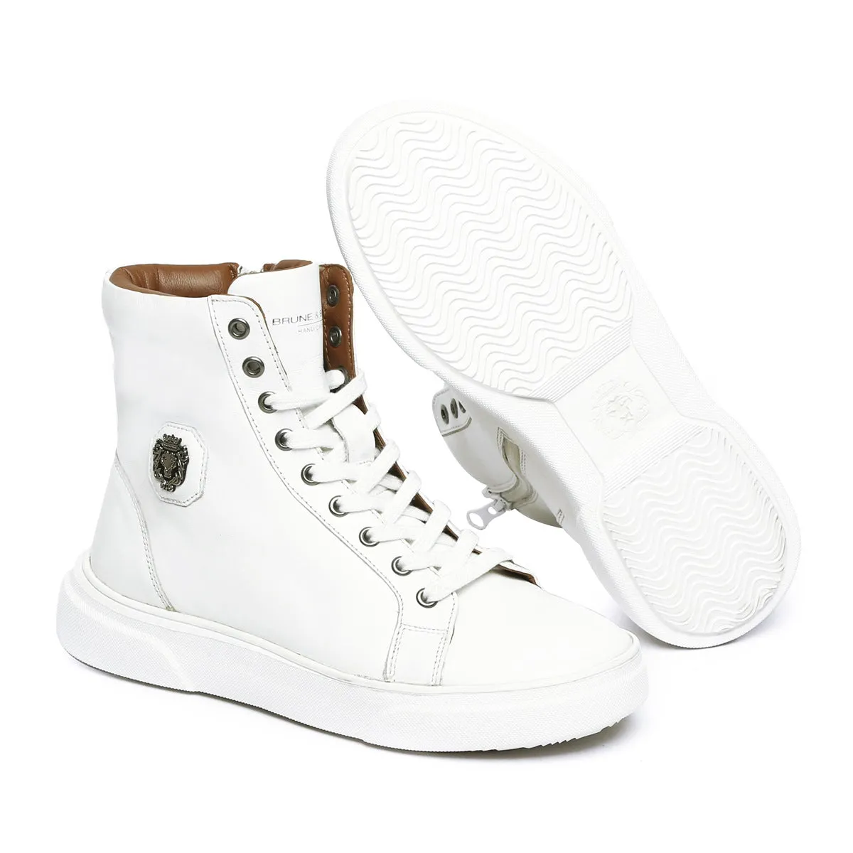 White High Ankle Sneakers With Metal Lion Logo E.V.A Sole by Brune & Bareskin