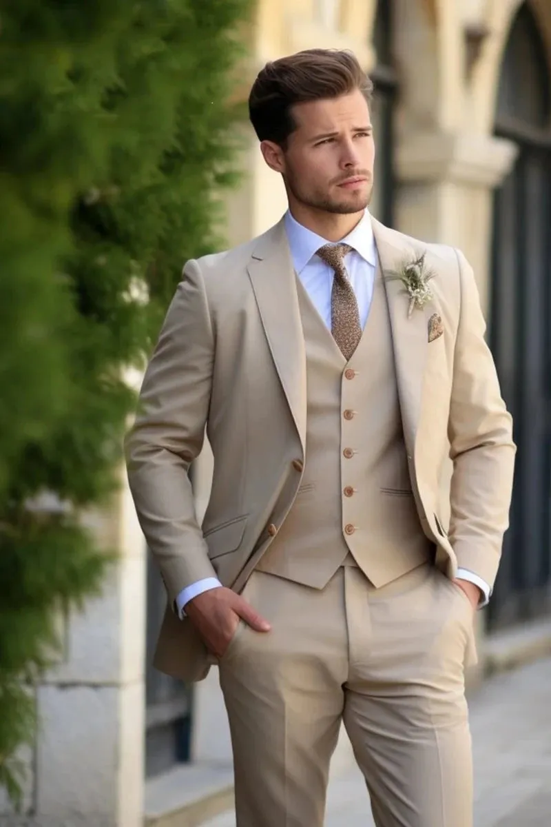 Wiaofellas  -  Champagne mens Tuxedo Wedding Suits For Men Bespoke Groom Wear Formal Fashion Men Suit Prom Party Blazer Pants Vest