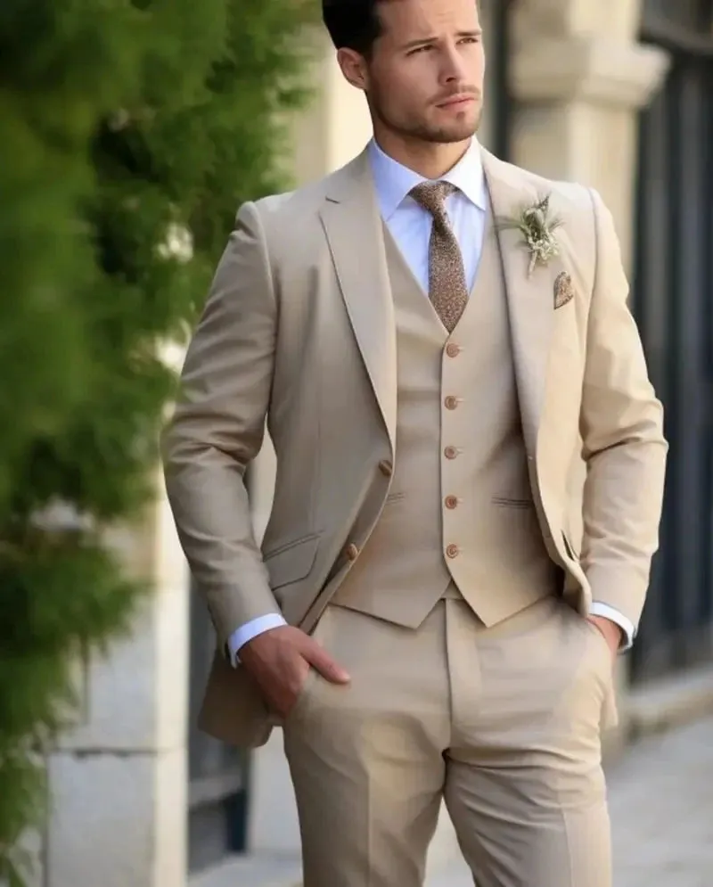 Wiaofellas  -  Champagne mens Tuxedo Wedding Suits For Men Bespoke Groom Wear Formal Fashion Men Suit Prom Party Blazer Pants Vest