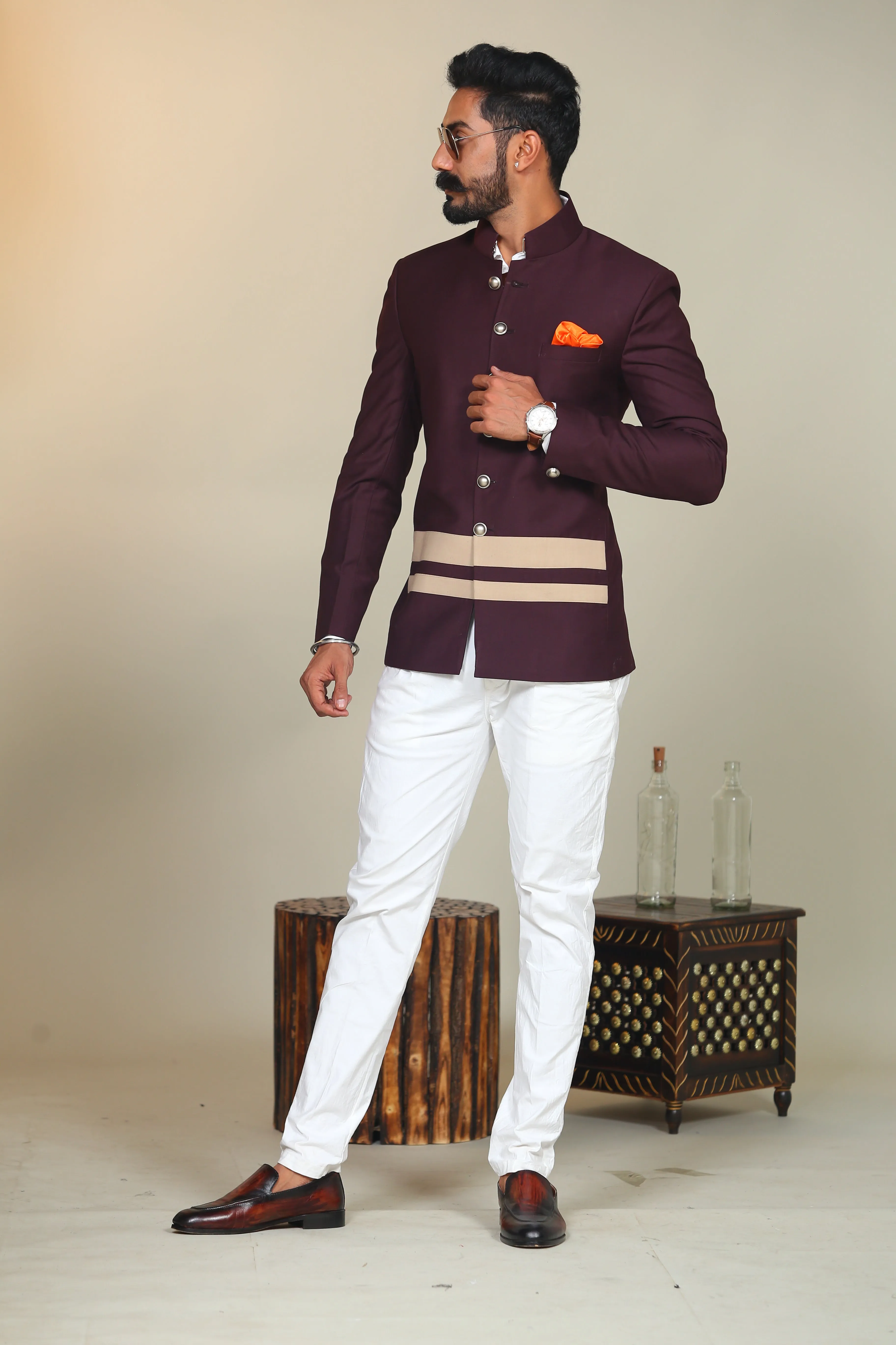 Wine Double Bottom Stripes Bandhgala Blazer With White Trouser